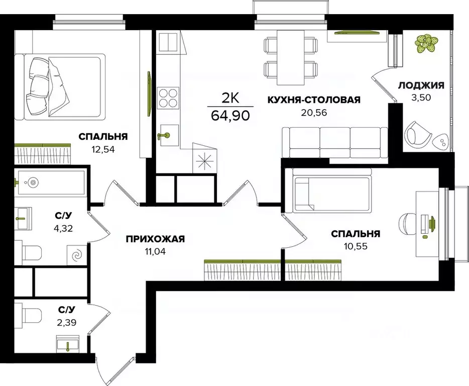 2-к кв. Тульская область, Тула  (64.9 м) - Фото 0