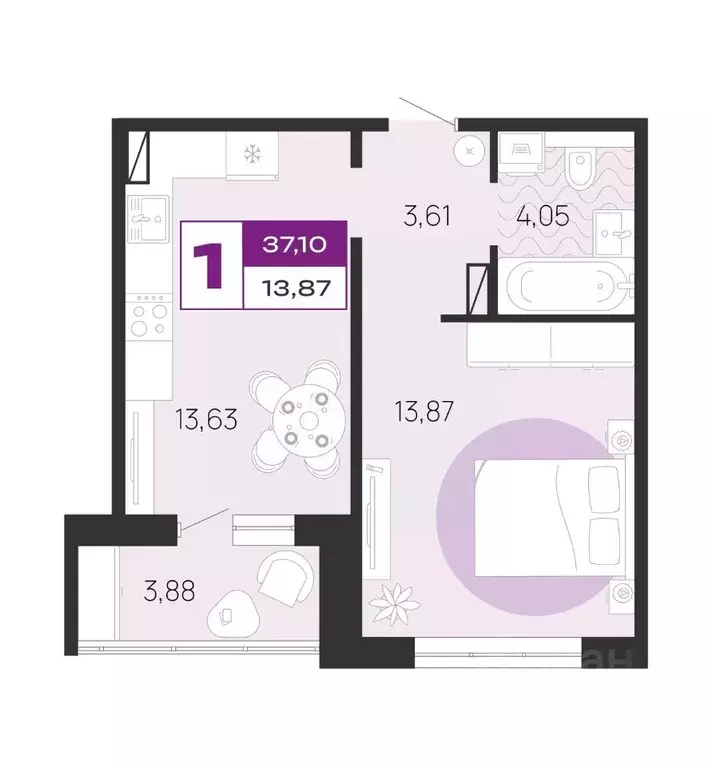 1-к кв. Брянская область, Брянск Медовый кв-л, поз8 (37.1 м) - Фото 1