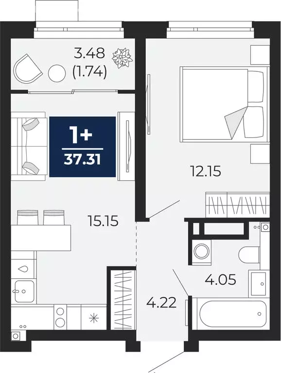 Квартира-студия: Тюмень, Арктическая улица, 12 (39.05 м) - Фото 1