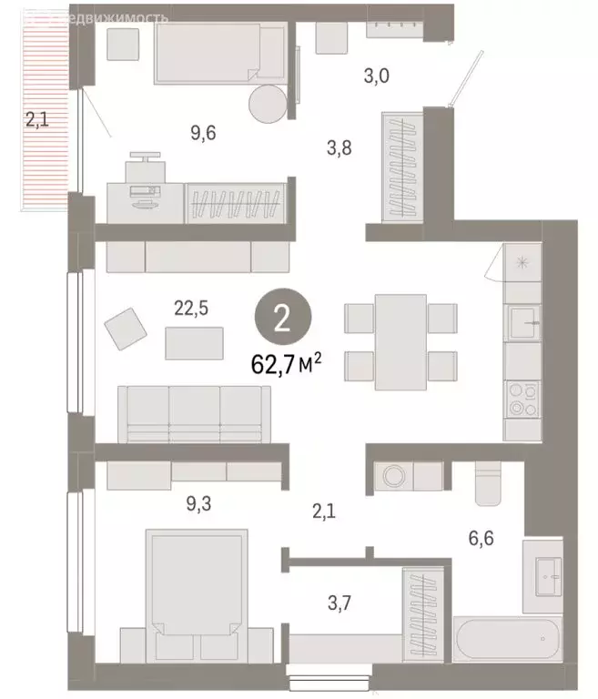 2-комнатная квартира: Новосибирск, квартал Лебедевский (62.7 м) - Фото 1