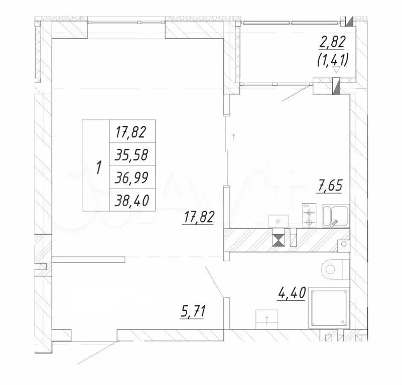 1-к. квартира, 37 м, 3/4 эт. - Фото 1