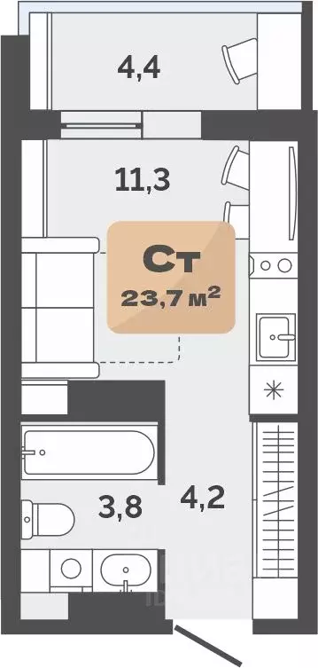 Студия Тюменская область, Тюмень ул. Республики, 204к19 (21.5 м) - Фото 0