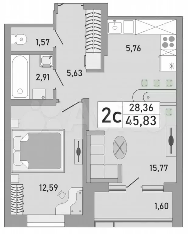 2-к. квартира, 45,8 м, 14/25 эт. - Фото 0