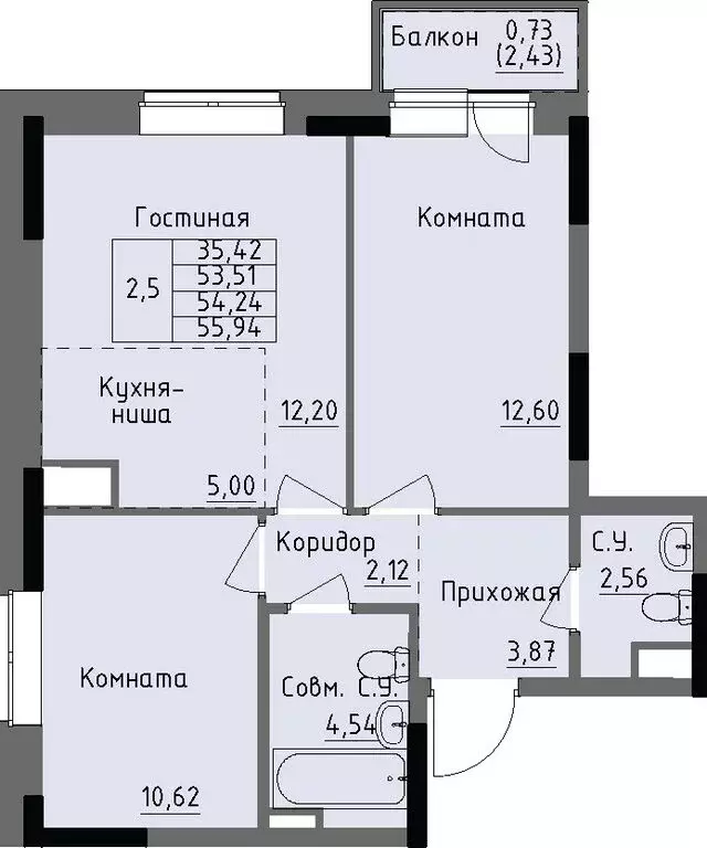 2-комнатная квартира: Ижевск, улица Луначарского (54.24 м) - Фото 0