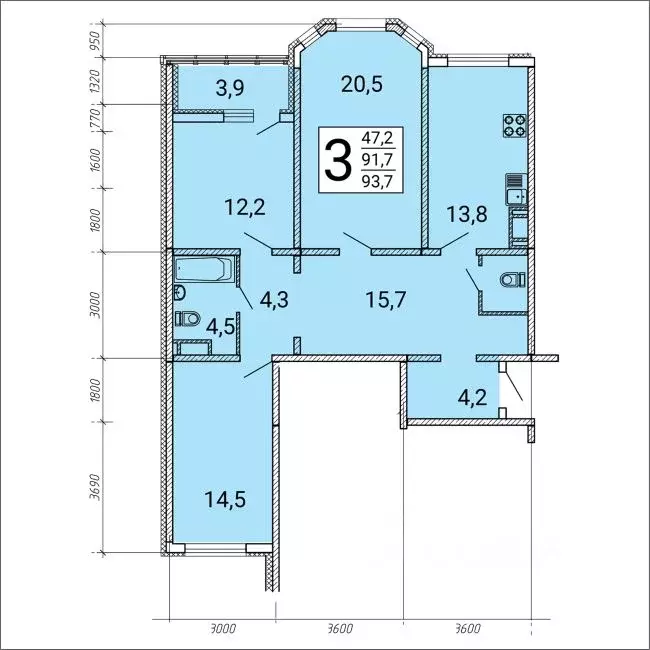 3-к кв. Воронежская область, Воронеж ул. Артамонова, 34Ж (93.7 м) - Фото 0