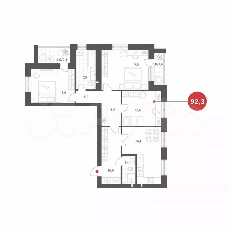 3-к. квартира, 92,3 м, 4/4 эт. - Фото 0