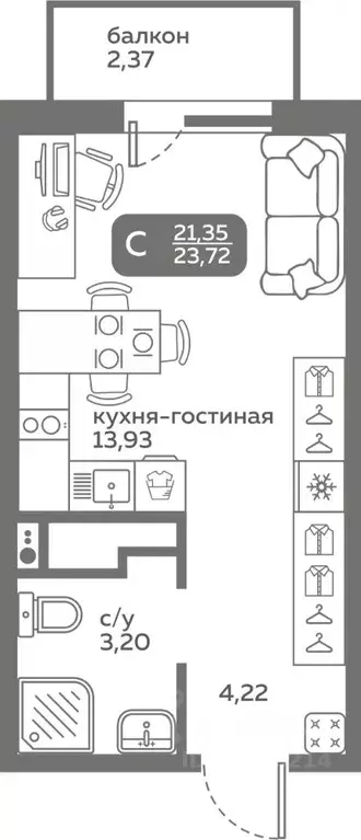 Студия Тюменская область, Тюмень ул. Вадима Бованенко, 10 (21.35 м) - Фото 0