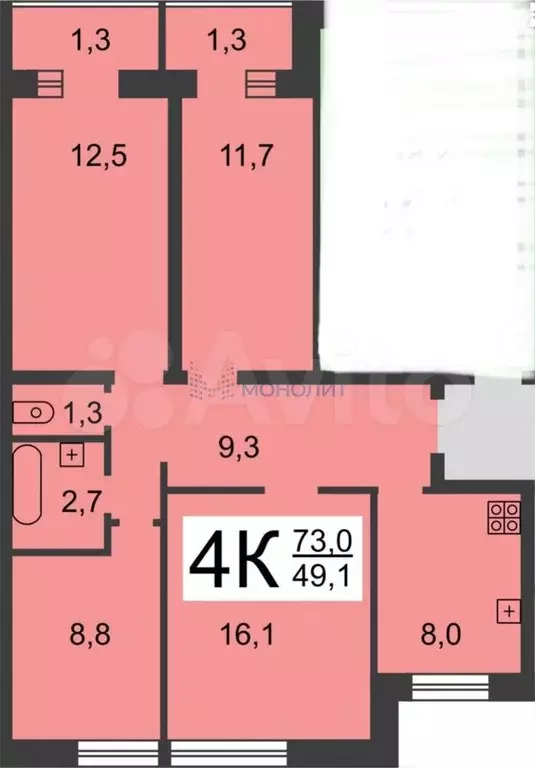 4-к. квартира, 73,4 м, 3/9 эт. - Фото 0