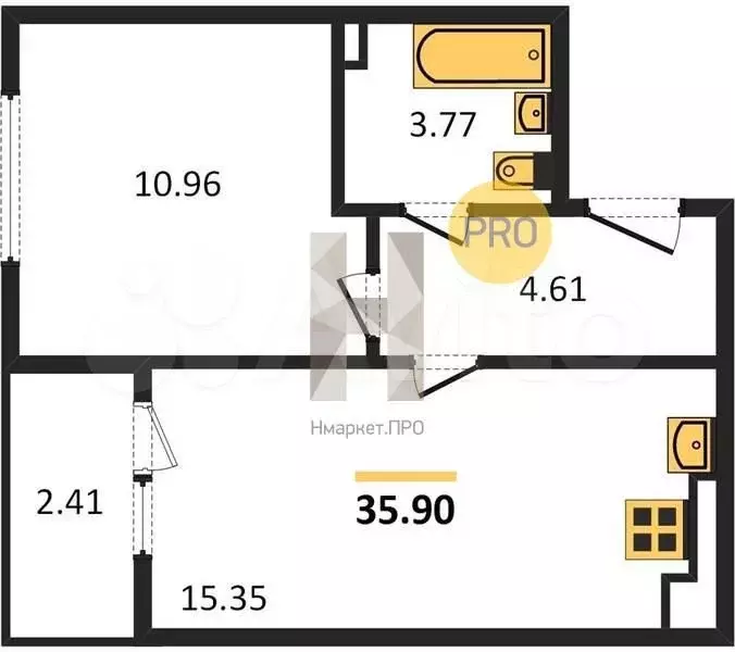 1-к. квартира, 35,9 м, 4/9 эт. - Фото 1