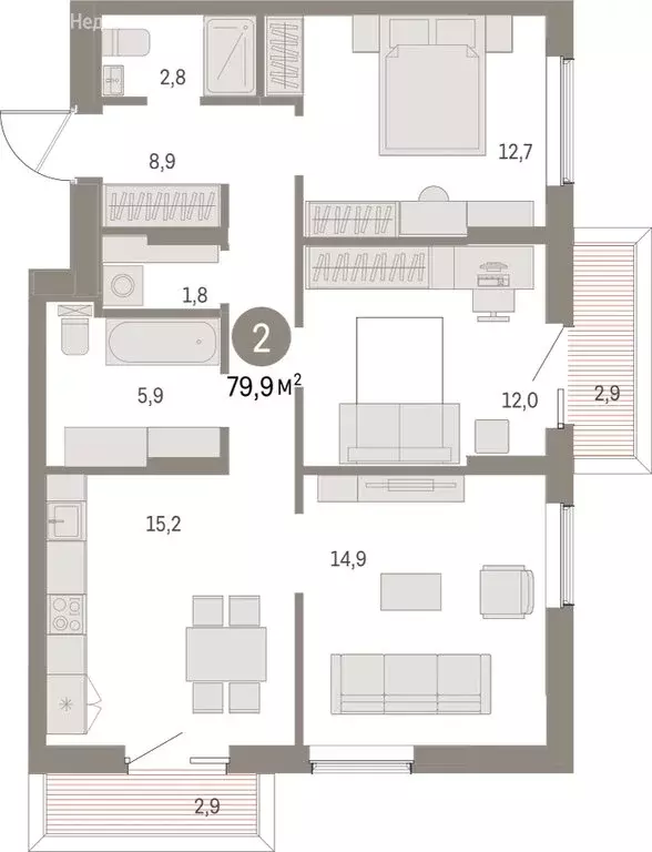 2-комнатная квартира: Курган, жилой район Центральный, ЖК Дом Кино ... - Фото 1