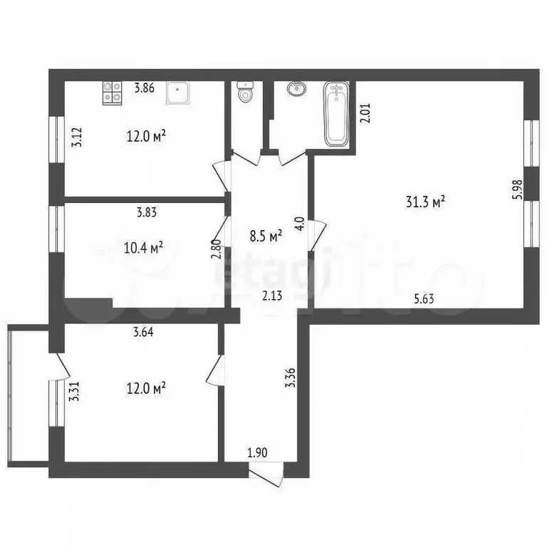 3-к. квартира, 86,5 м, 4/4 эт. - Фото 0