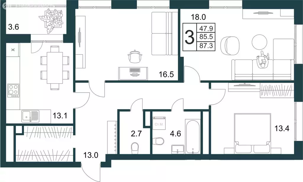 3-комнатная квартира: Липецк, Минская улица, 4Вк2 (87.3 м) - Фото 1