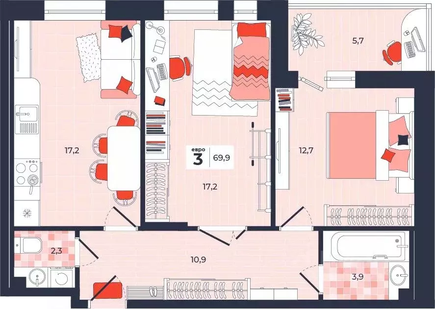 3-к кв. Тульская область, Тула ул. Академика Насоновой, 1А (69.9 м) - Фото 1