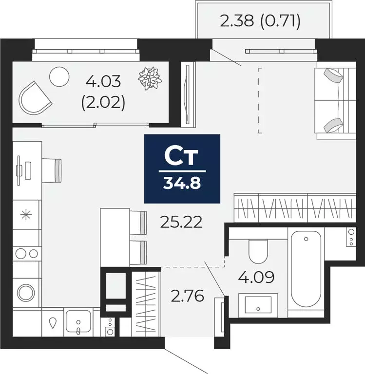 Квартира-студия: Тюмень, Камчатская улица, 109к1 (38.48 м) - Фото 1