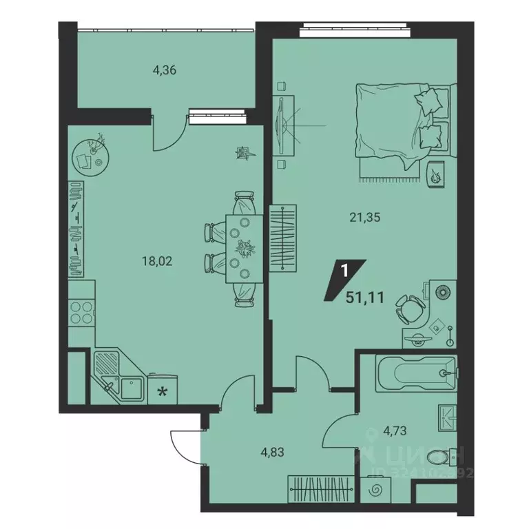 1-к кв. Свердловская область, Екатеринбург ул. Громова, 26/3 (50.8 м) - Фото 2