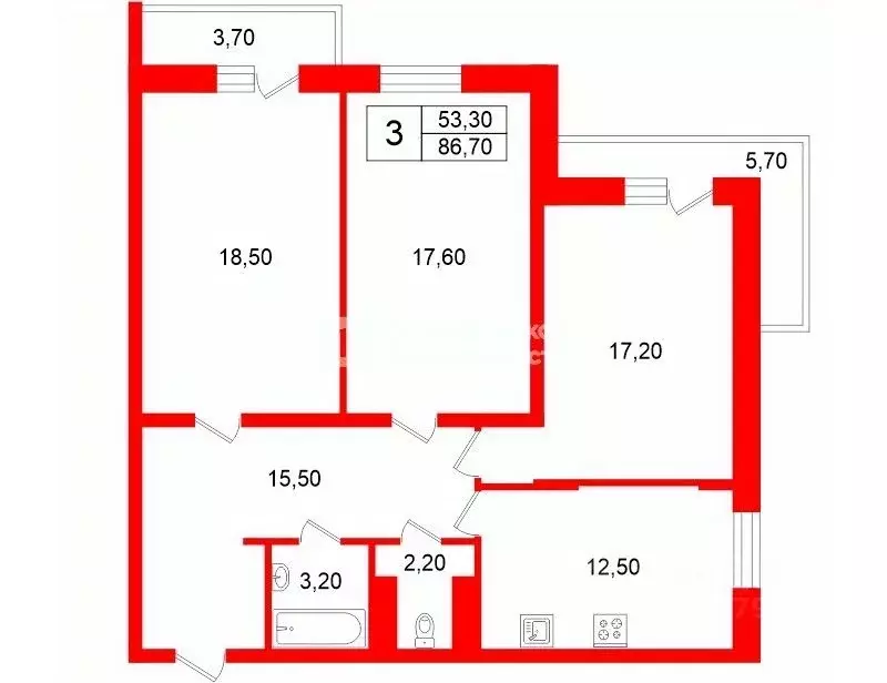 3-к кв. Санкт-Петербург Ленинский просп., 80к1 (86.7 м) - Фото 2