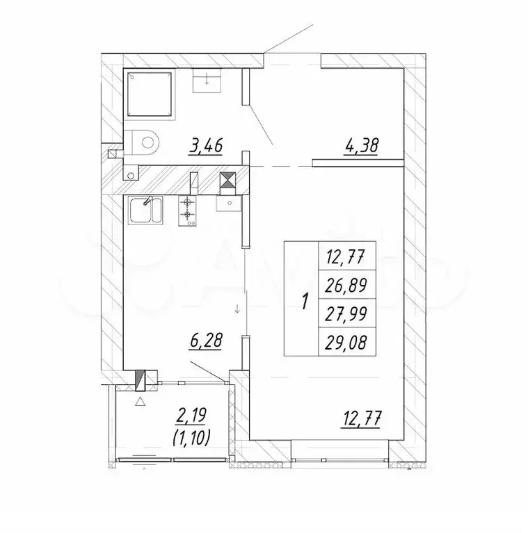 1-к. квартира, 28 м, 3/4 эт. - Фото 1