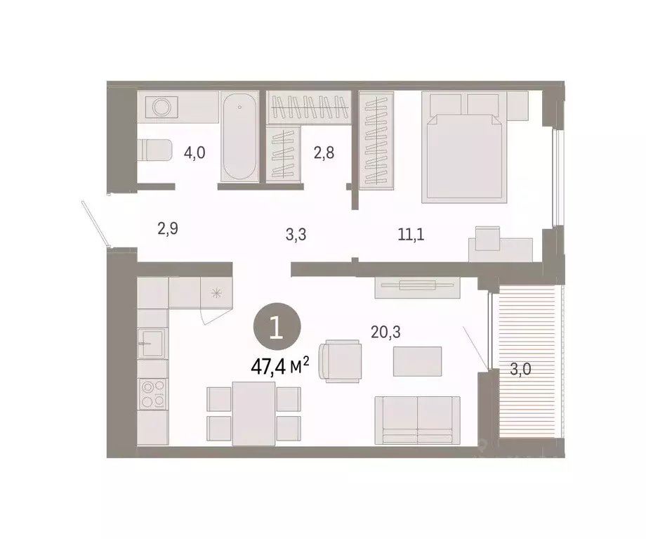 1-к кв. Тюменская область, Тюмень Мысовская ул., 26к2 (47.44 м) - Фото 2