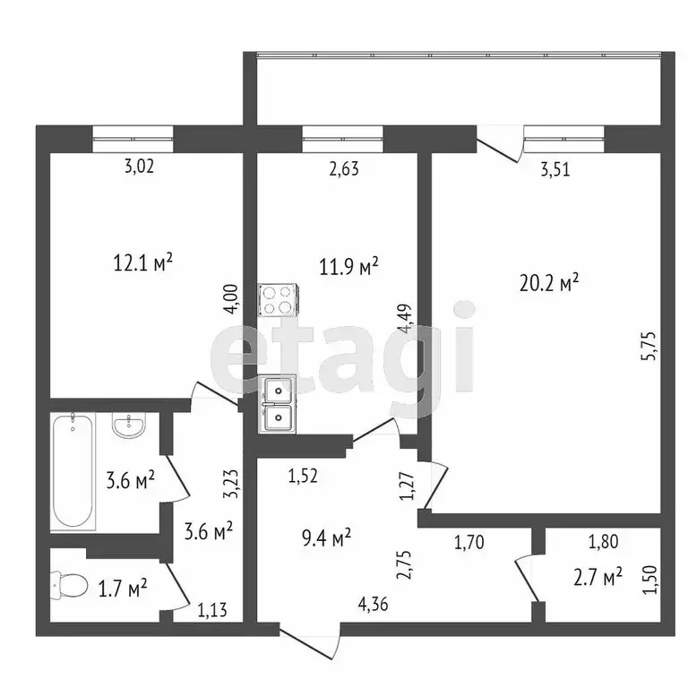2-комнатная квартира: Тюмень, Малая Боровская улица, 38 (65.5 м) - Фото 0