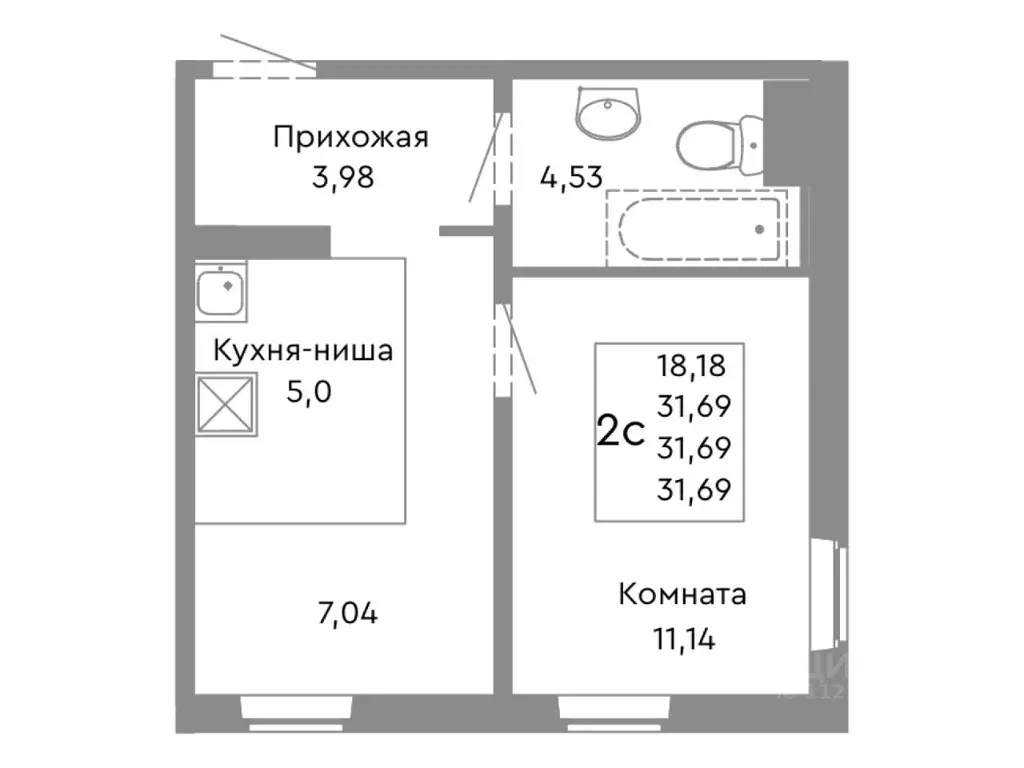 2-к кв. Челябинская область, Челябинск ул. Танкистов, 175 (31.69 м) - Фото 1