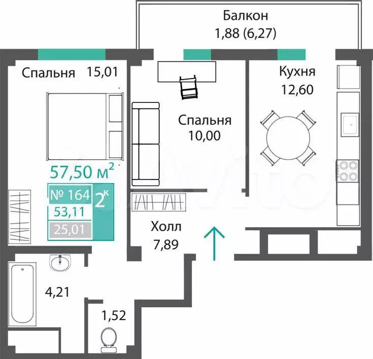 2-к. квартира, 53,1 м, 4/9 эт. - Фото 0