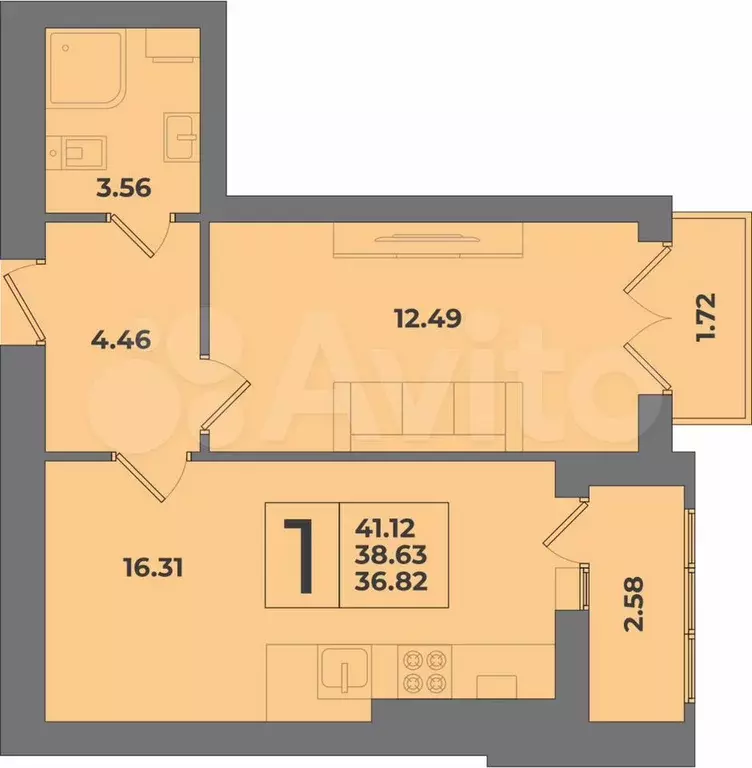 1-к. квартира, 38,6 м, 8/8 эт. - Фото 1