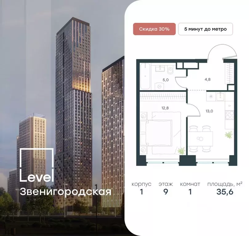 1-к кв. Москва Левел Звенигородская жилой комплекс (35.6 м) - Фото 0