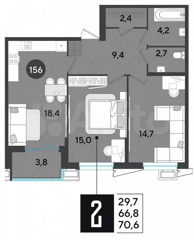 2-к. квартира, 70,6 м, 2/9 эт. - Фото 1