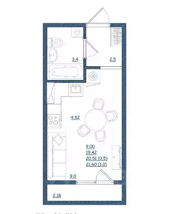 Студия Тверская область, Тверь Новочеркасская ул., 49 (21.6 м) - Фото 1