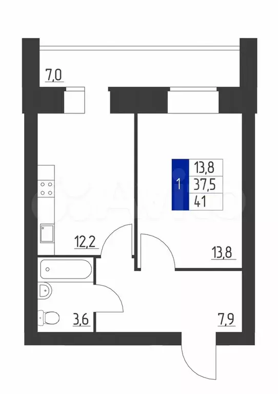 1-к. квартира, 41 м, 2/9 эт. - Фото 0