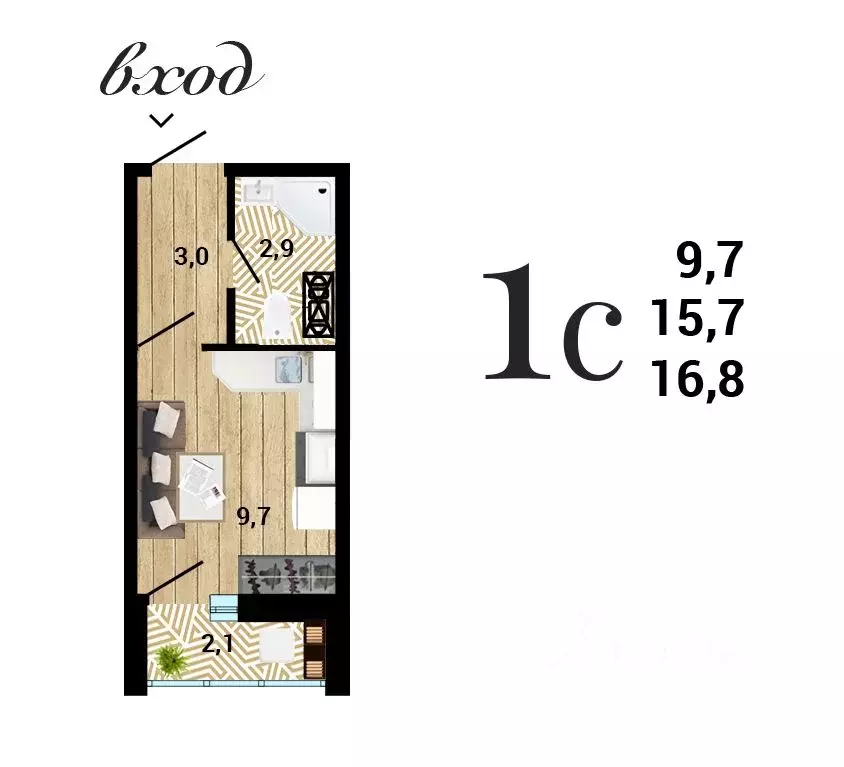 Студия Воронежская область, Воронеж Цимлянская ул. (16.79 м) - Фото 1