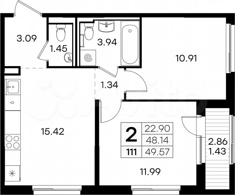 2-к. квартира, 49,6 м, 1/9 эт. - Фото 0