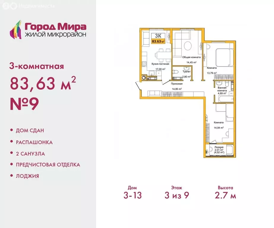 3-комнатная квартира: Симферополь, улица Батурина, 133 (83.63 м) - Фото 0