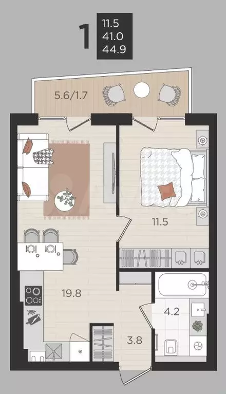 1-к. квартира, 41 м, 2/4 эт. - Фото 1