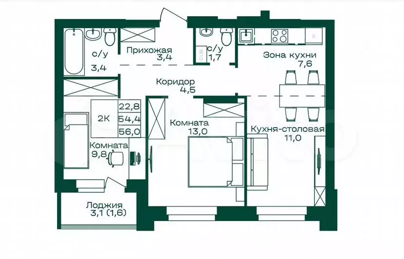 2-к. квартира, 56м, 4/8эт. - Фото 1