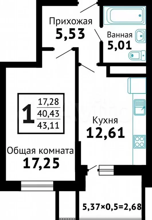 1-к. квартира, 43,1м, 1/16эт. - Фото 0