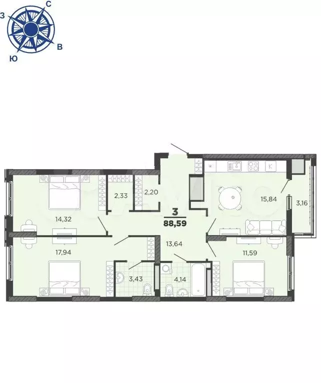 3-к. квартира, 88,6 м, 20/25 эт. - Фото 1