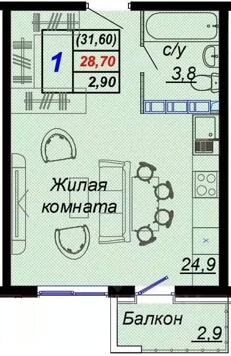 1-к кв. Краснодарский край, Сочи городской округ, Дагомыс пгт  (31.6 ... - Фото 0