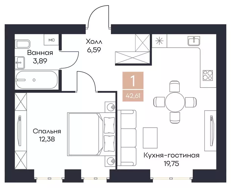 1-комнатная квартира: село Поляны, Новая улица, 2 (42.61 м) - Фото 0