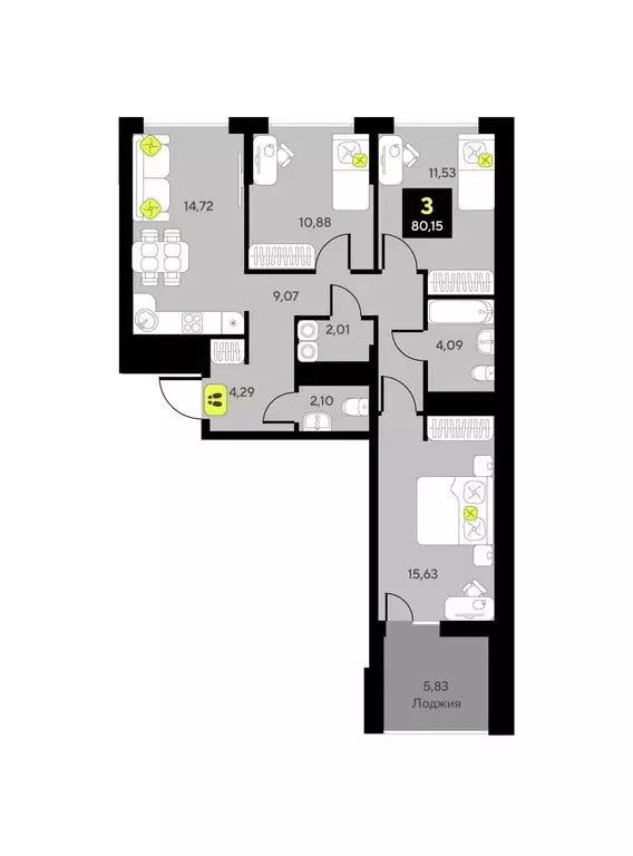 3-комнатная квартира: Тюмень, улица Андрея Приказнова, 1 (80.15 м) - Фото 0
