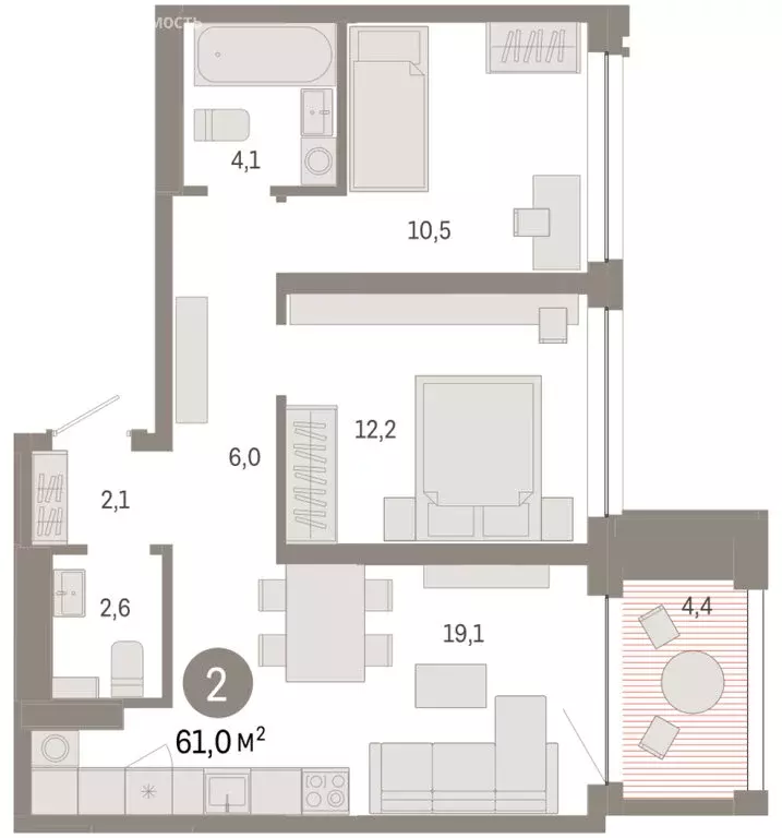 2-комнатная квартира: Тюмень, улица Муравленко, 9/2 (61.03 м) - Фото 1