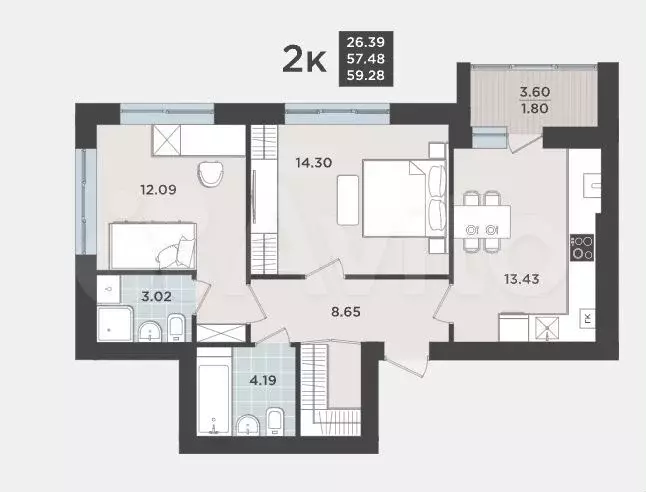 2-к. квартира, 57,5 м, 2/9 эт. - Фото 1