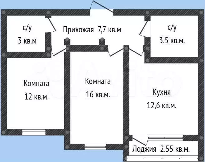 2-к. квартира, 56,8 м, 7/9 эт. - Фото 1