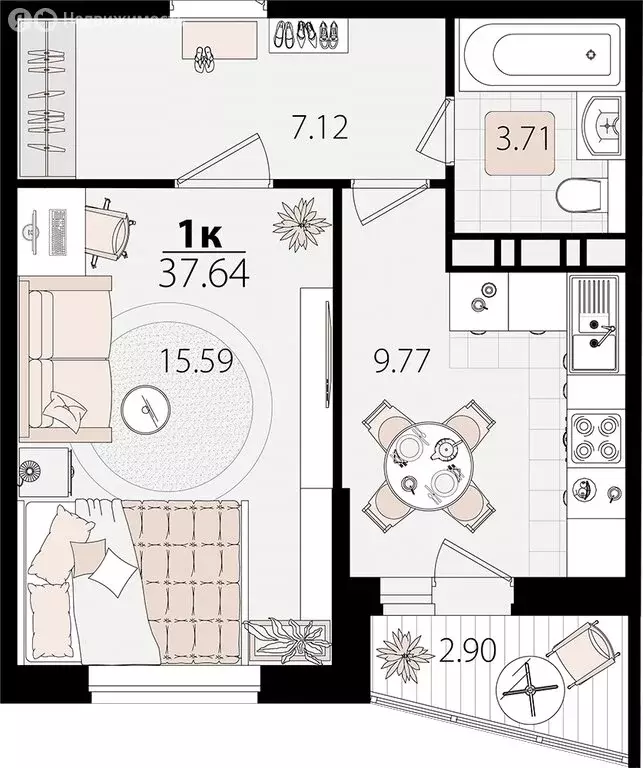 1-комнатная квартира: Яблоновский, Луговая улица, 7/6 (37.15 м) - Фото 0
