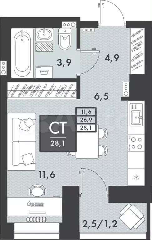 Квартира-студия, 28,1 м, 14/16 эт. - Фото 0