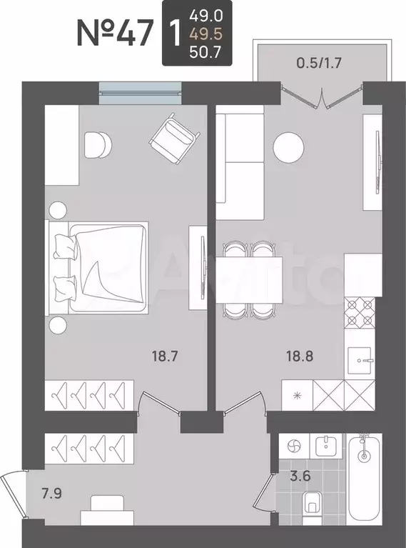 1-к. квартира, 49,5 м, 3/5 эт. - Фото 0