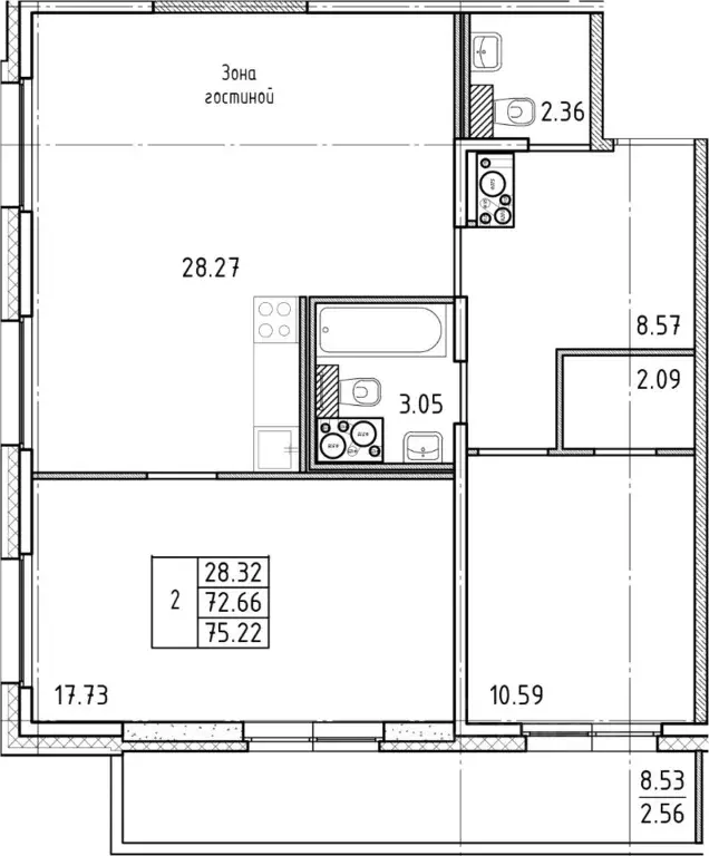 2-к кв. Санкт-Петербург наб. Реки Каменки, 13к1 (75.22 м) - Фото 0