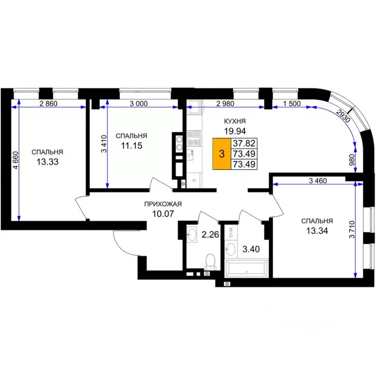 3-к кв. Калининградская область, Гурьевск Включи жилой комплекс (73.49 ... - Фото 1
