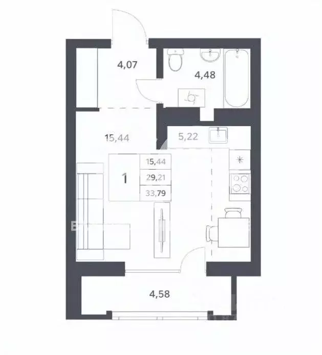 Студия Новосибирская область, Новосибирск ул. Тюленина, 3 (33.79 м) - Фото 1