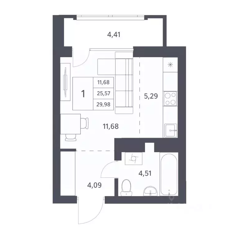 Студия Новосибирская область, Новосибирск ул. Тюленина, 3 (25.57 м) - Фото 0